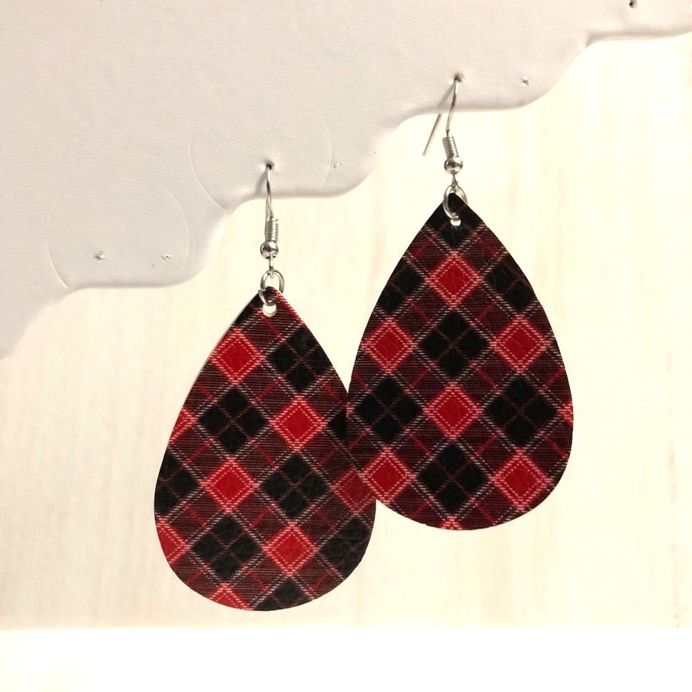 Plaid Red & Black PU Leather Teardrop Earrings NEW